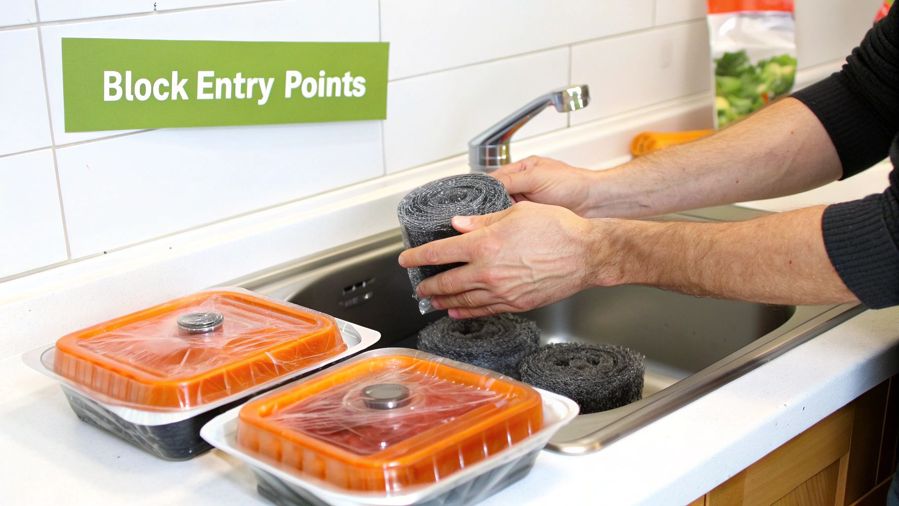 Hands using steel wool to block entry points around a kitchen sink for pest control.