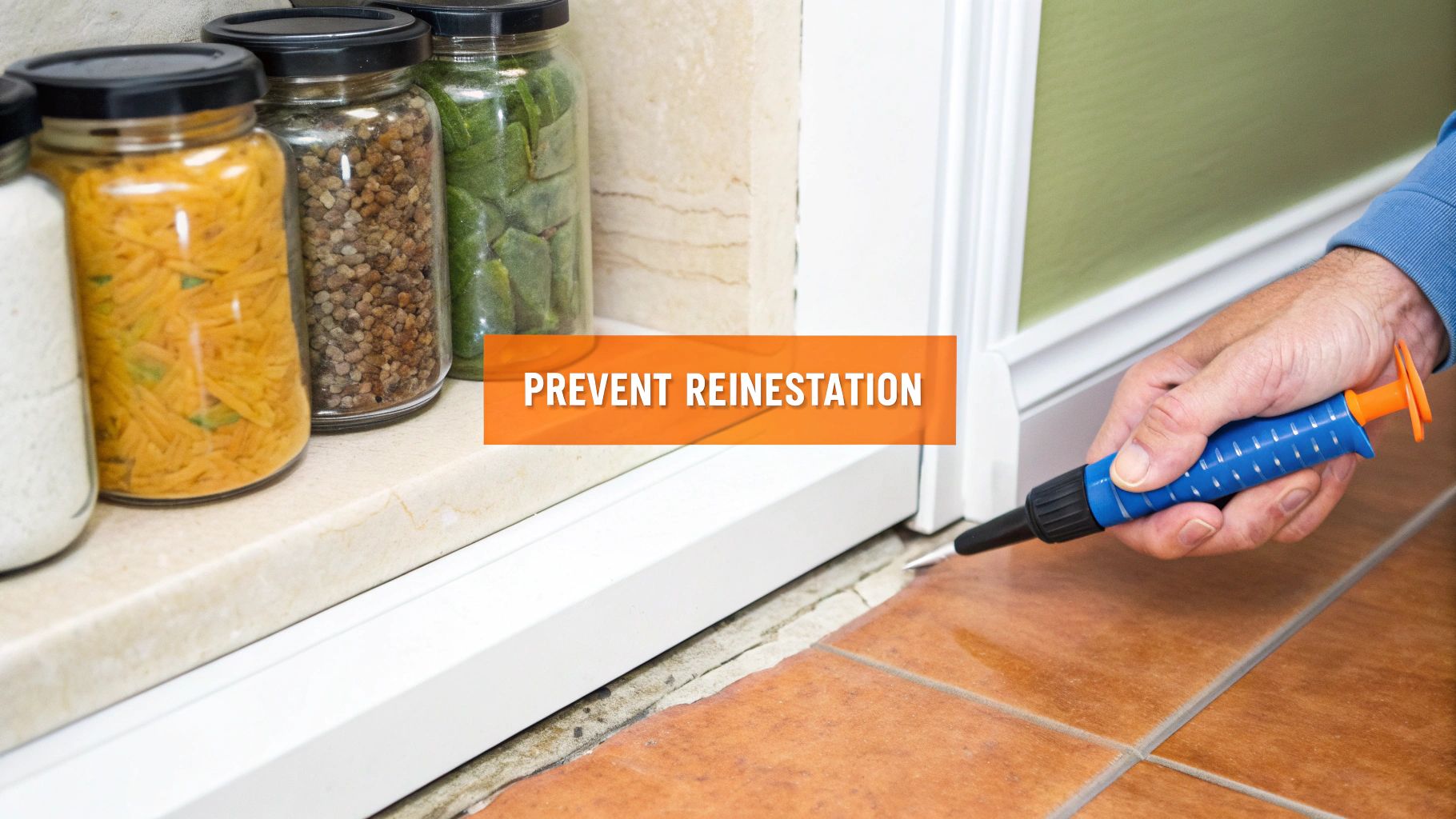 A homeowner using caulk to seal a small crack in their foundation, a key step in preventing pests.