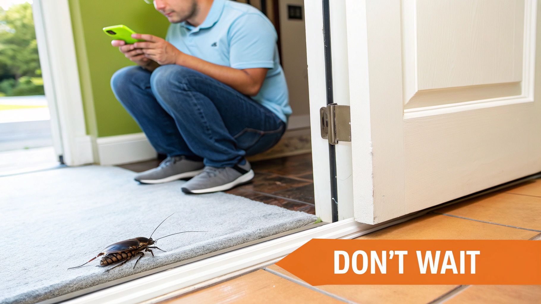 A large cockroach on a mat near an open door, with a person using a phone and 'DON'T WAIT' text.