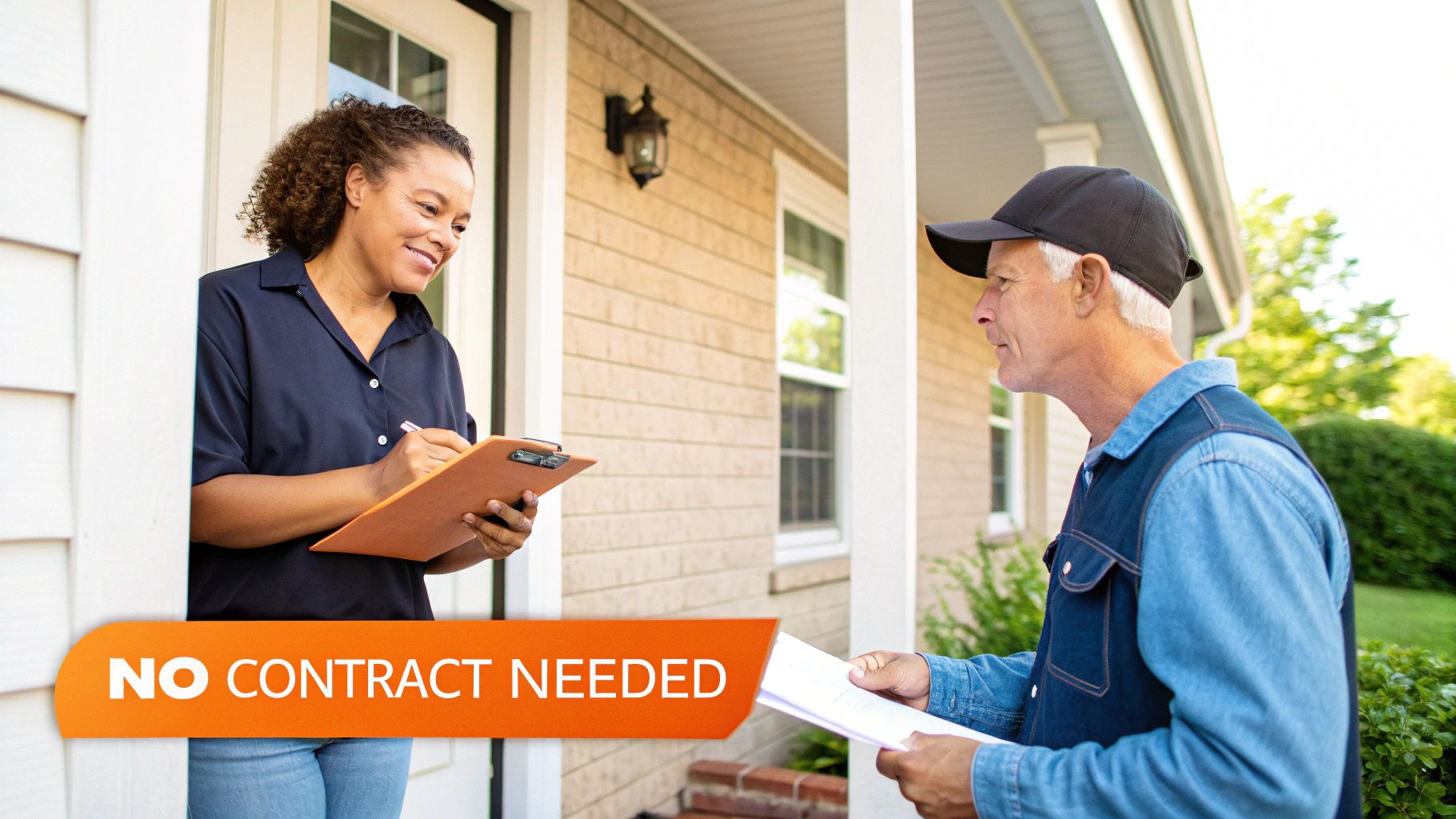 A smiling woman with a clipboard talks to a man with papers at her doorway, text 'NO CONTRACT NEEDED' overlay.