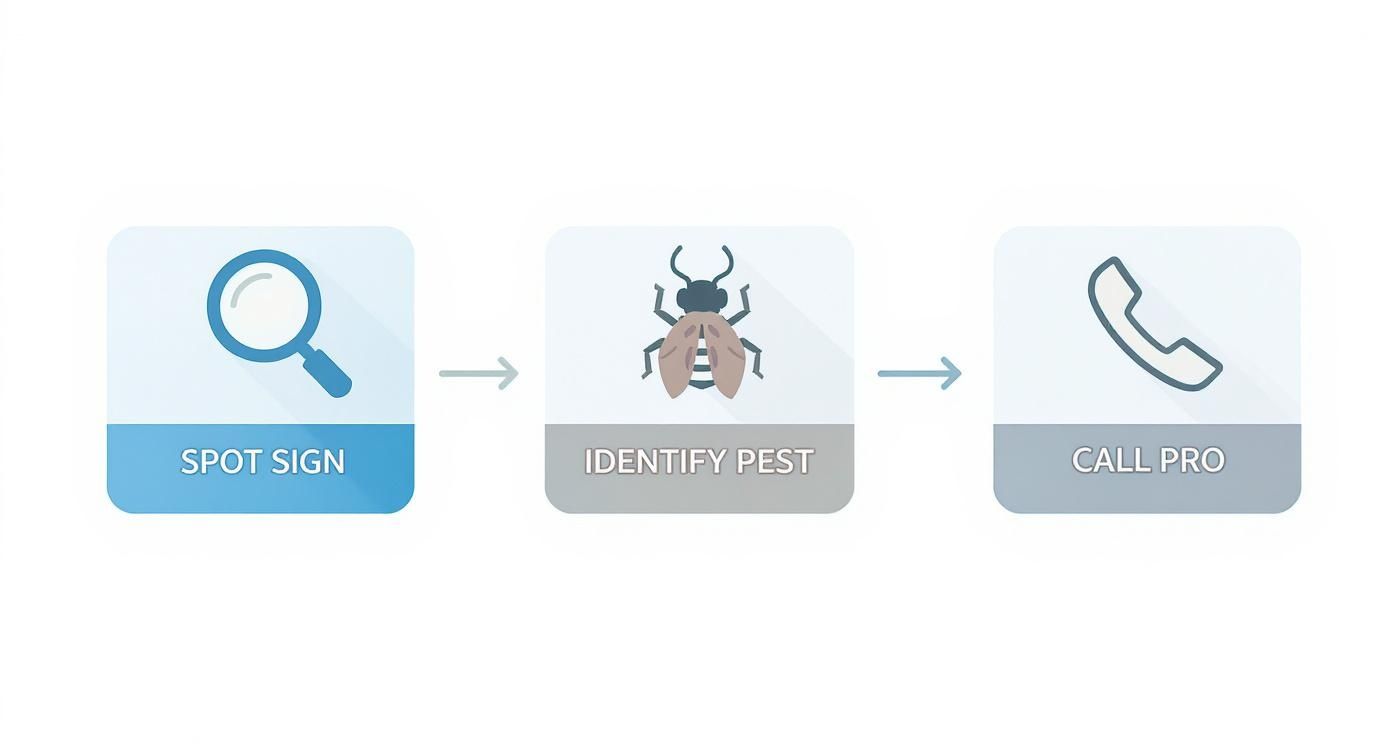 A three-step process for pest control showing icons for spotting signs, identifying the pest, and calling a professional.