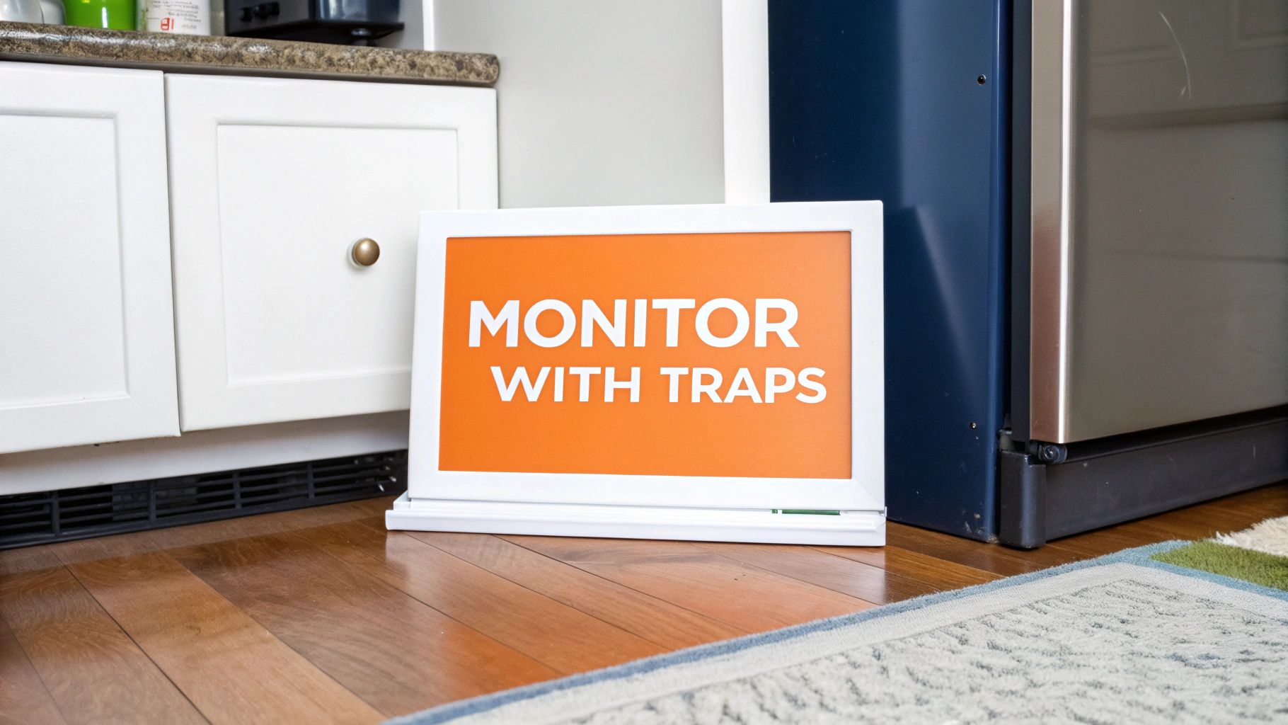 A person setting a roach trap under a kitchen sink.