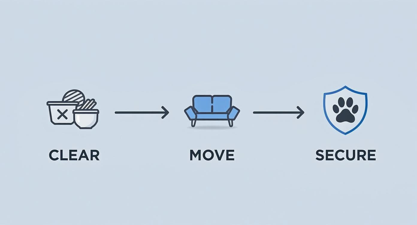 Diagram illustrating three steps for pest control: Clear items, Move furniture, and Secure area with a paw print shield.