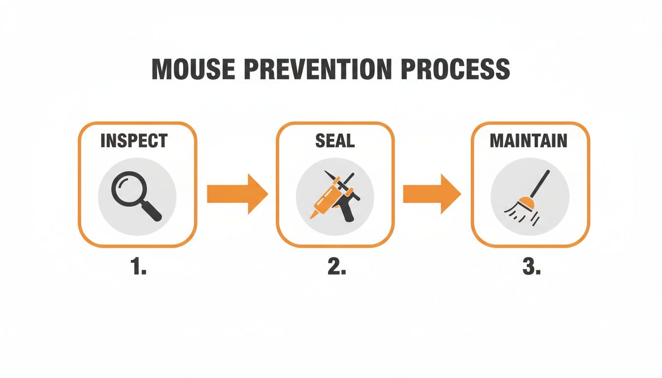 A three-step diagram illustrating the mouse prevention process: inspect, seal, and maintain with corresponding icons.
