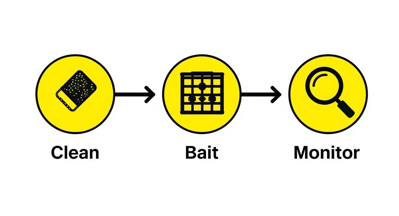 Three-step cockroach control process showing cleaning with sponge, placing bait traps, and monitoring with magnifying glass