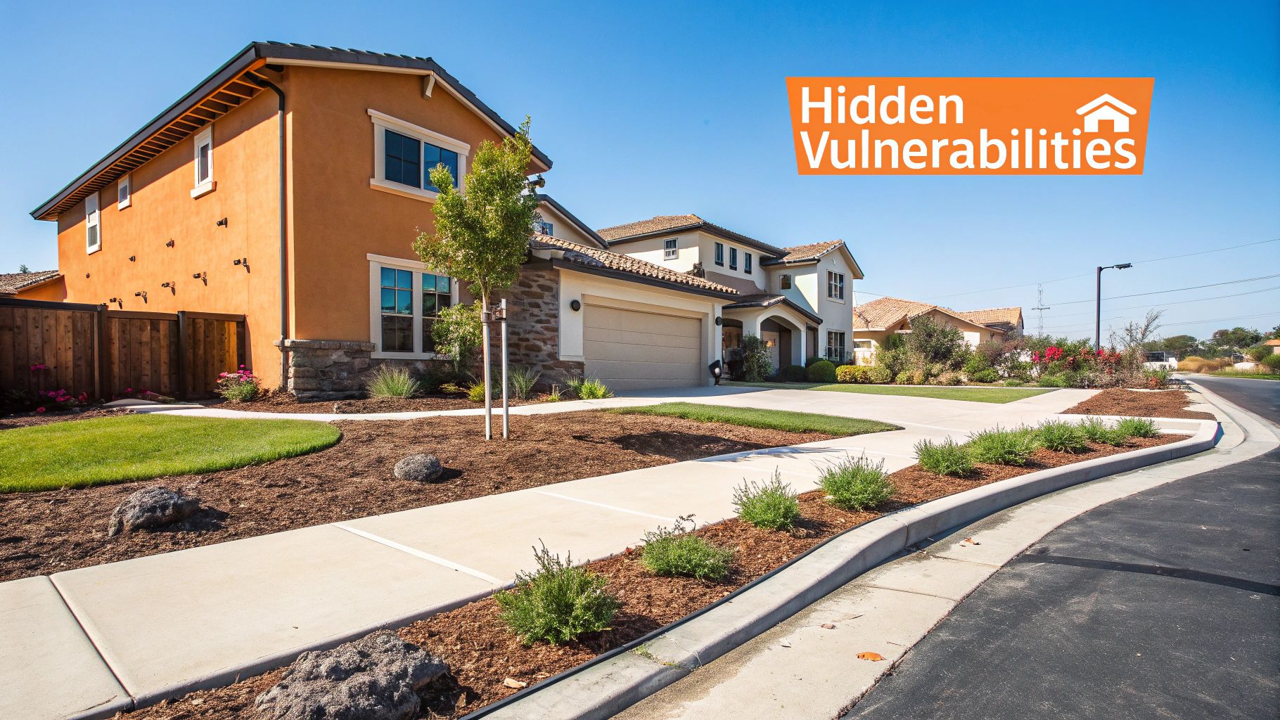 A bright suburban street with modern homes, green landscaping, and an orange overlay stating 'Hidden Vulnerabilities'.