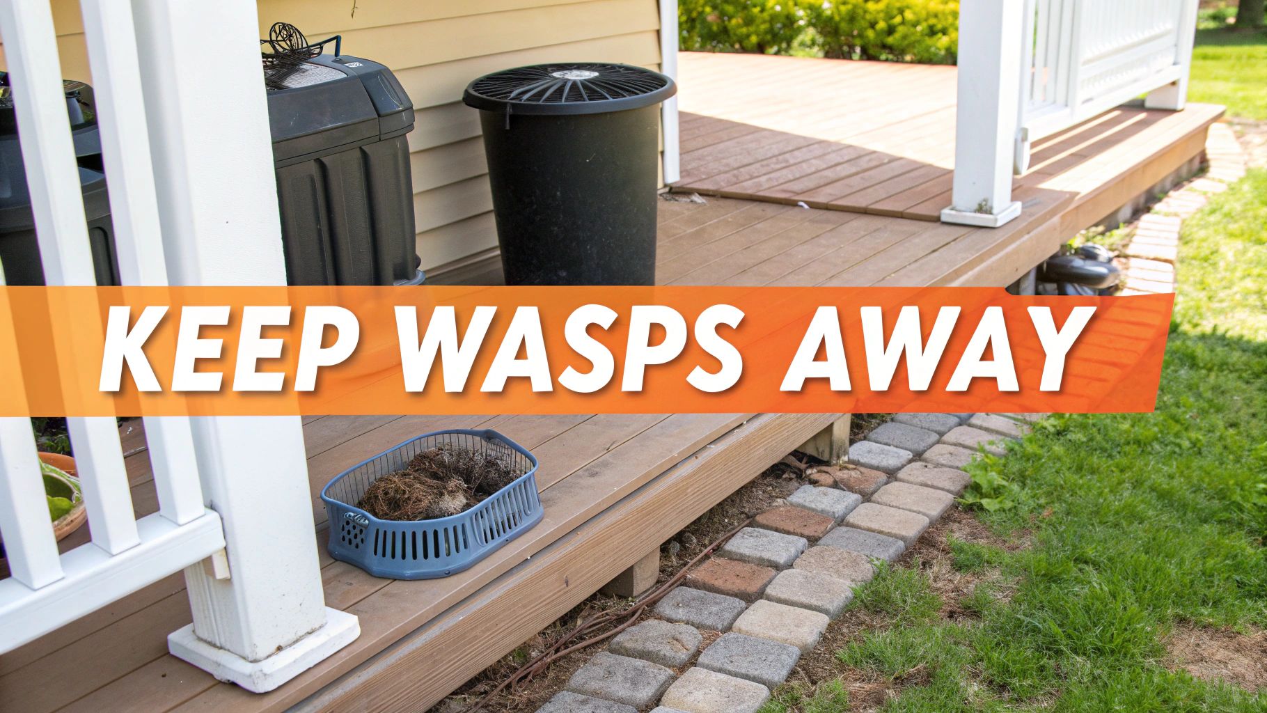A decoy wasp nest hanging from the corner of a wooden pergola in a garden.