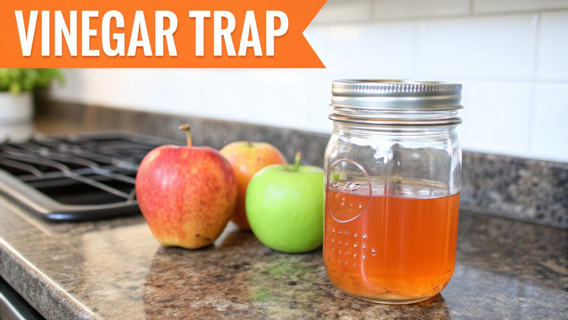 A homemade vinegar trap in a mason jar sits on a kitchen counter next to three fresh apples.