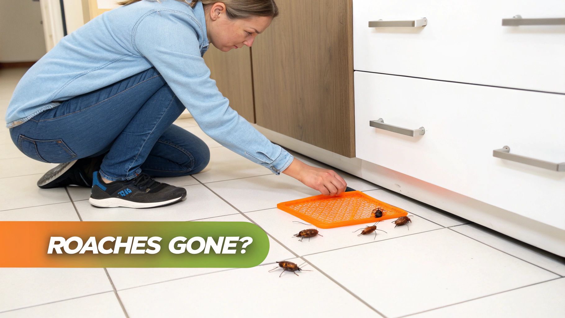 Woman placing orange roach trap near kitchen cabinet with dead cockroaches on white tile floor
