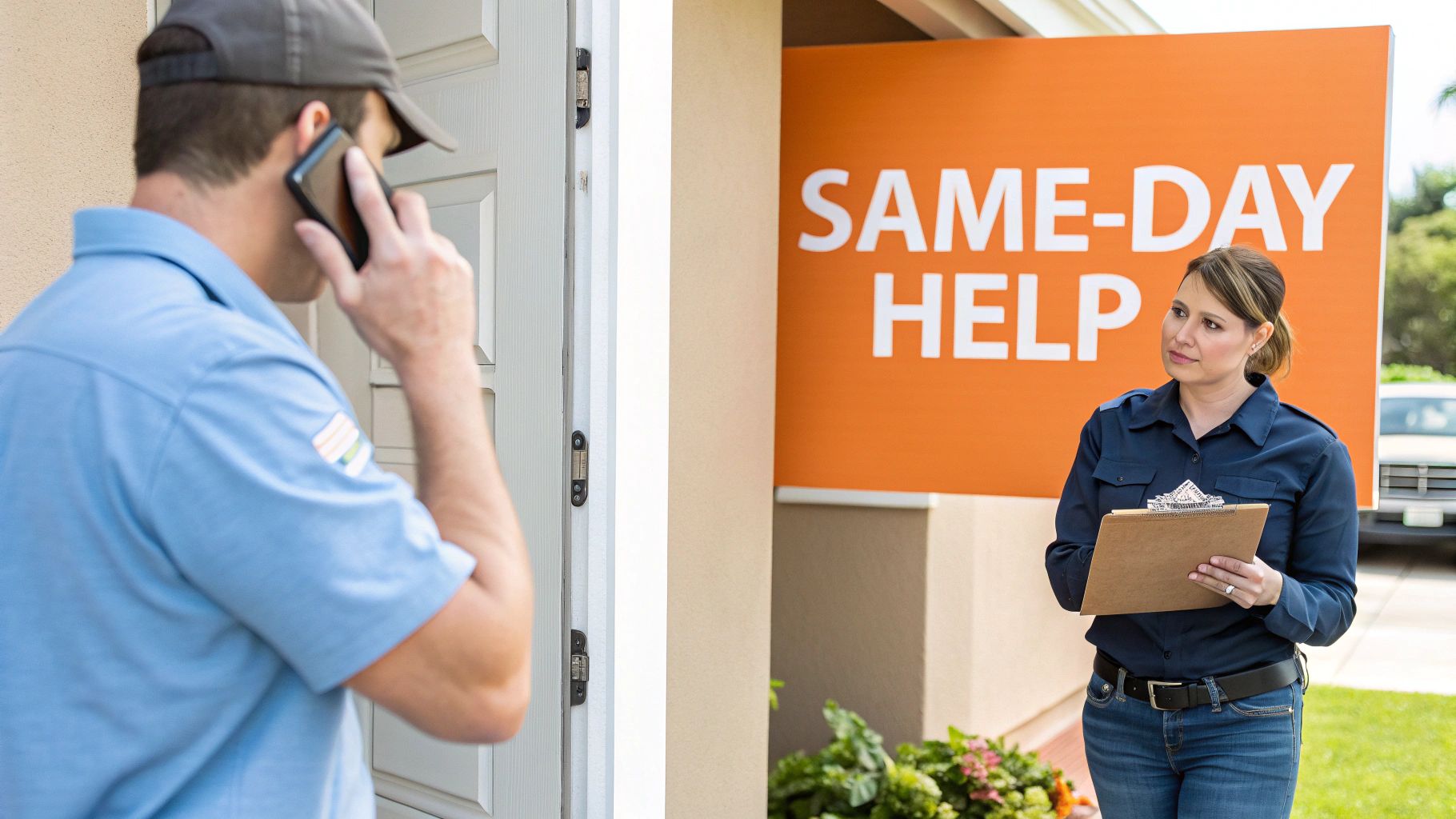 A service technician on the phone at a door, while a woman with a clipboard stands next to a 'SAME-DAY HELP' sign.