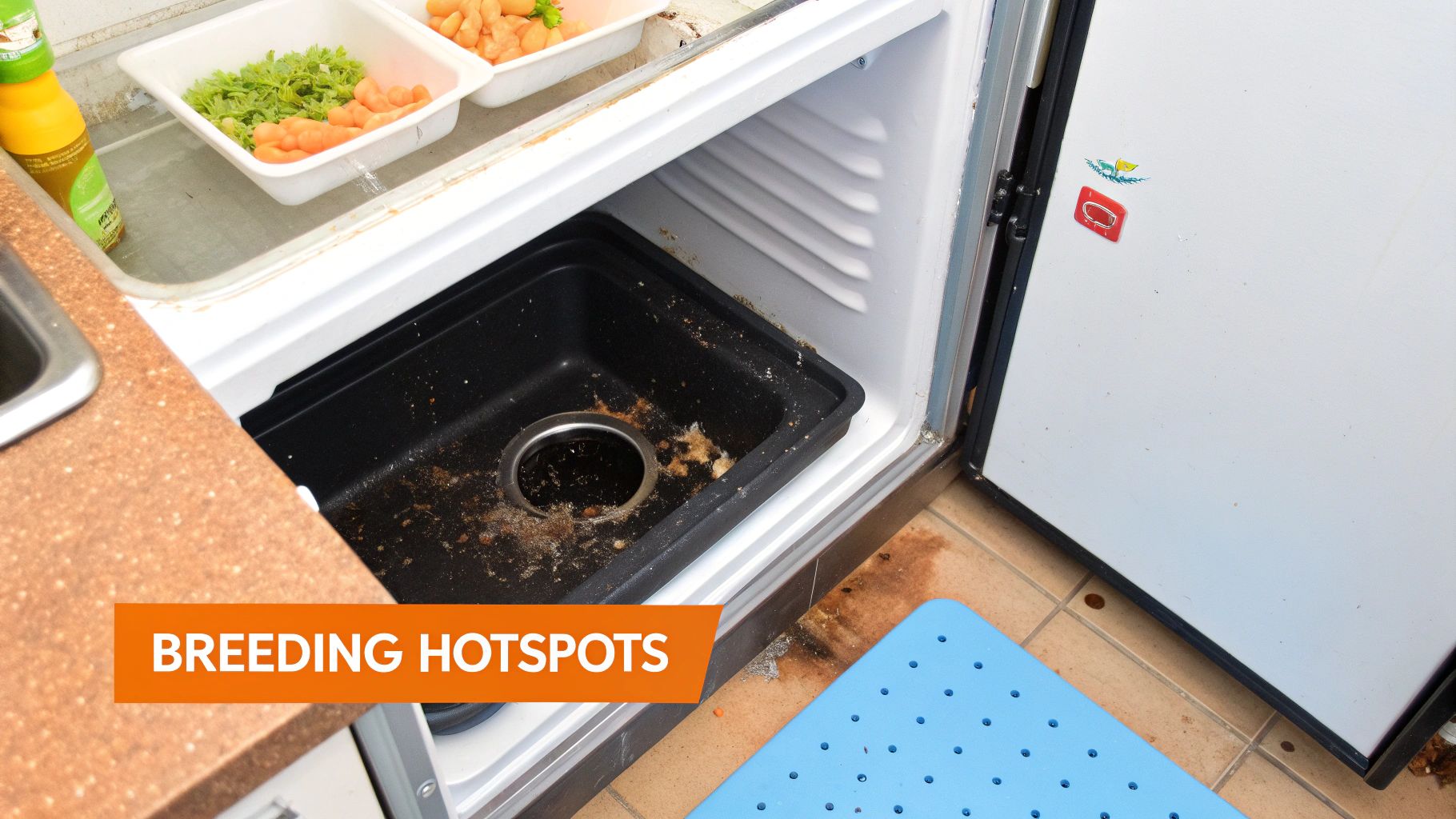 Unclean kitchen environment showing food waste and grime, indicating breeding hotspots for pests.