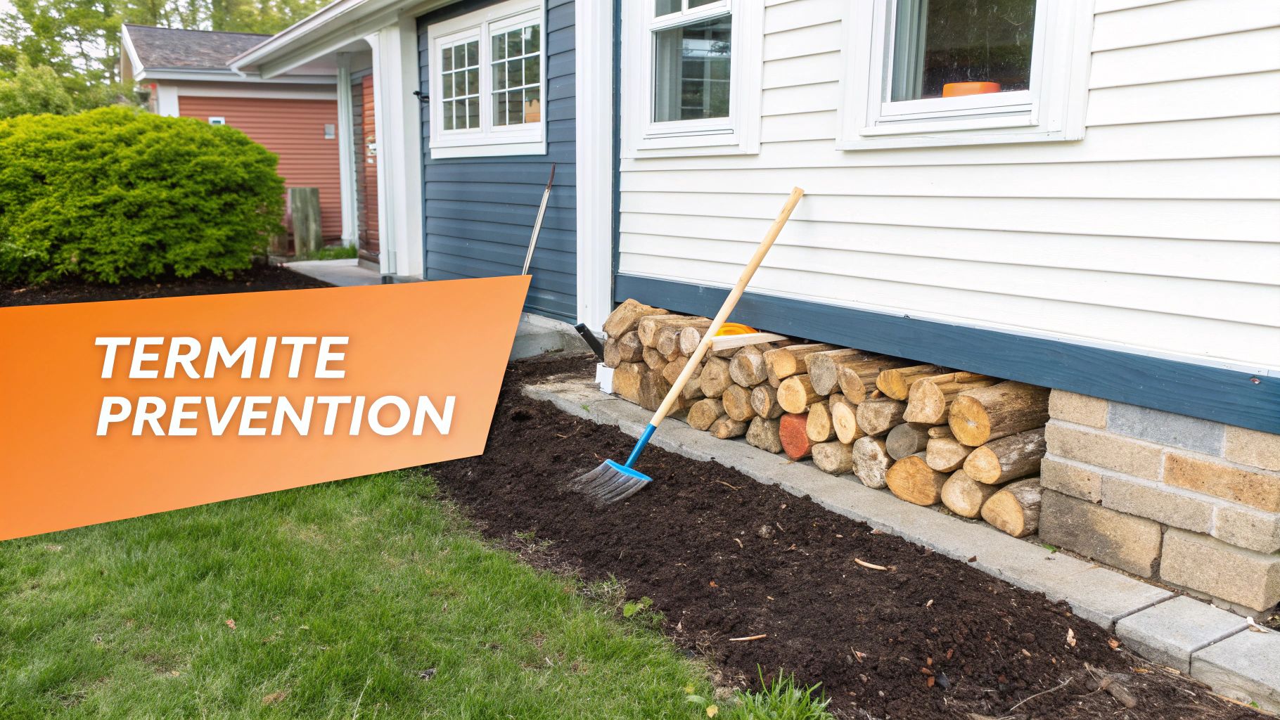 A house exterior showing stacked firewood by the foundation with a 'TERMITE PREVENTION' sign.