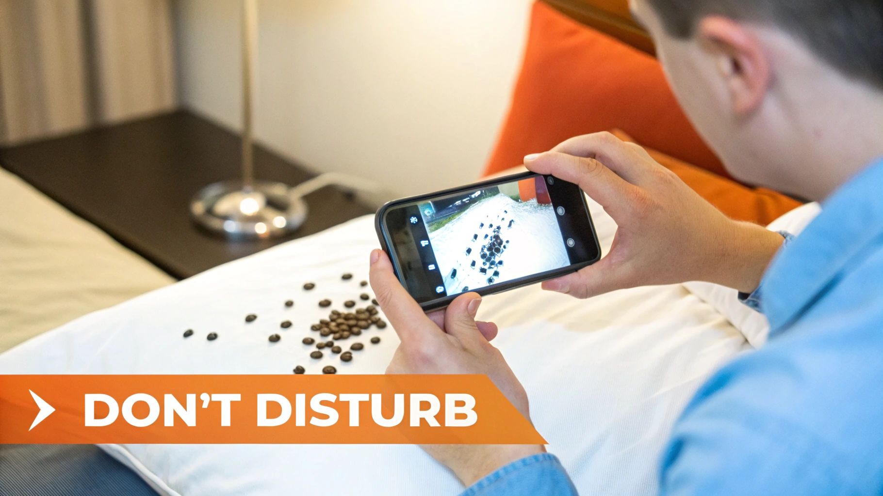 A close-up photo of bed bug evidence, showing dark fecal stains and shed skins on a mattress seam.