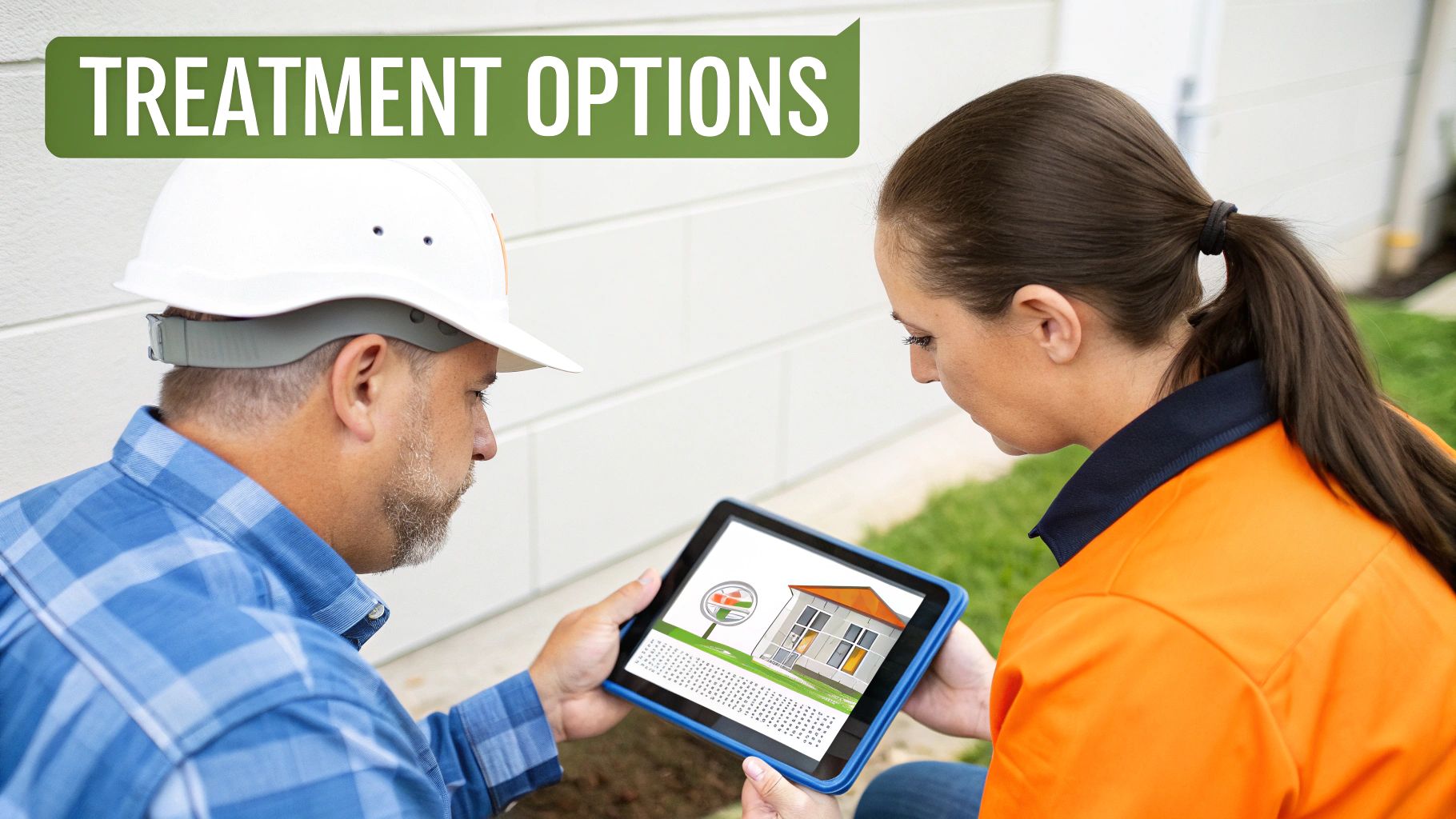 Two pest control professionals review treatment options for a house on a tablet.