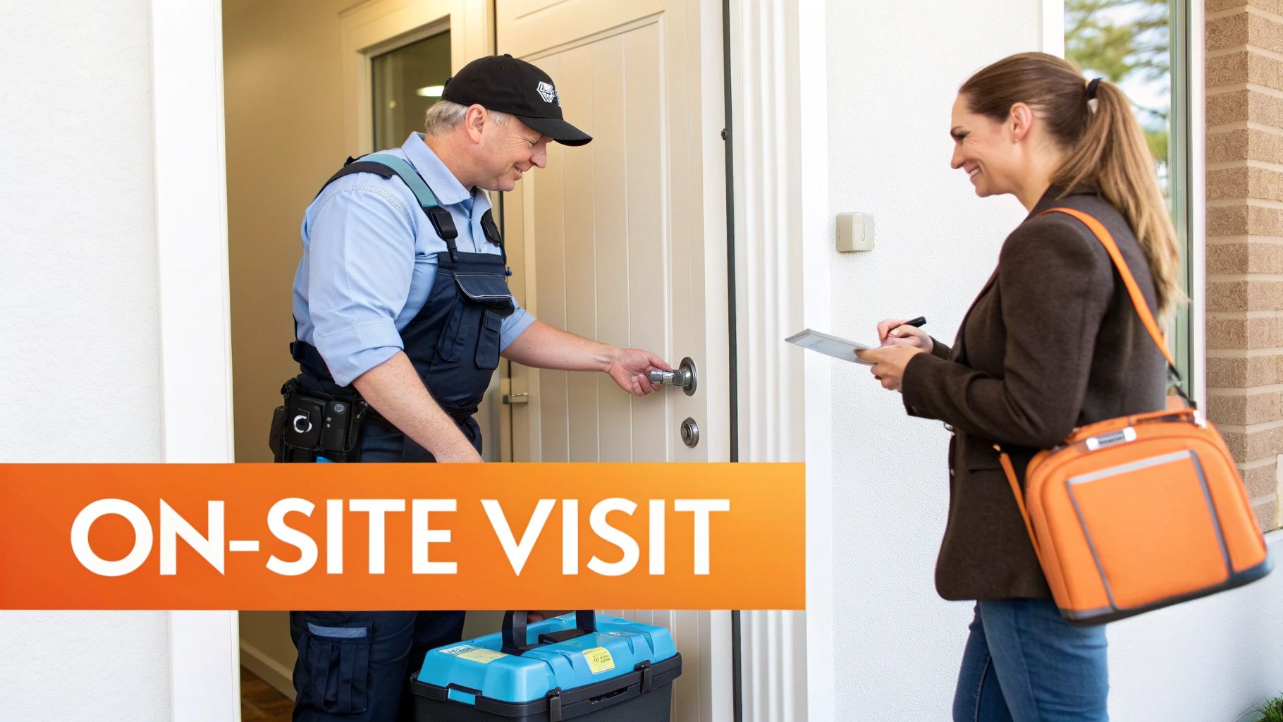 A smiling pest control technician arrives for an on-site visit, greeted by a happy customer.
