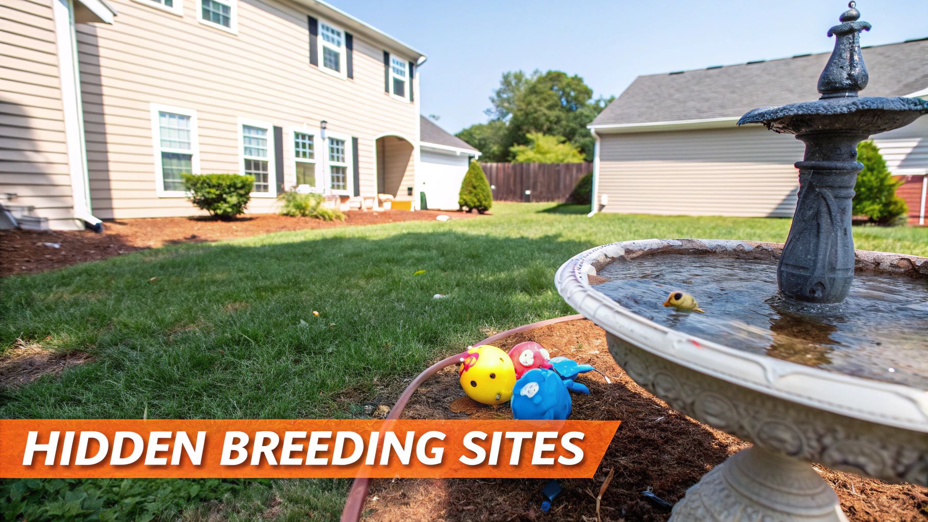 A backyard with a water fountain, colorful toys, and green grass, highlighting potential mosquito breeding sites.