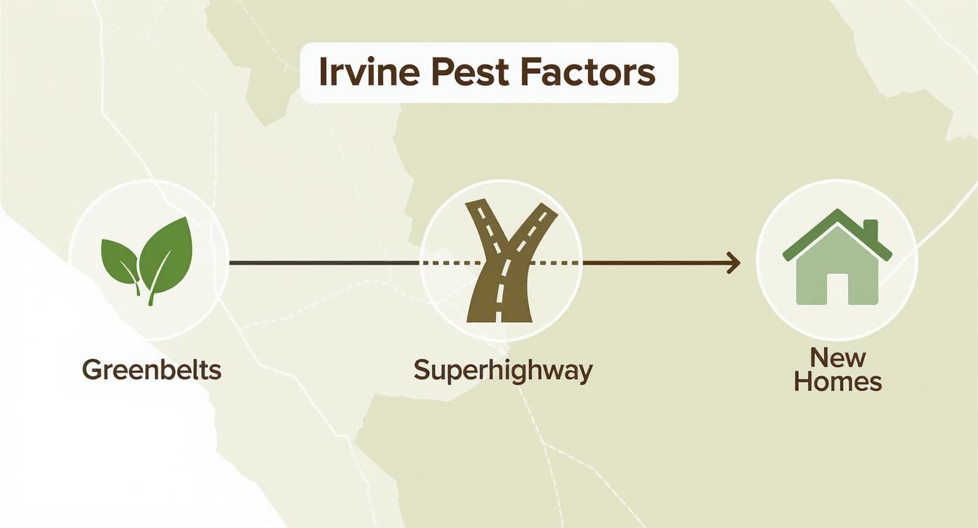 Infographic details Irvine pest factors: greenbelts, superhighways, and new homes impacting pest populations.