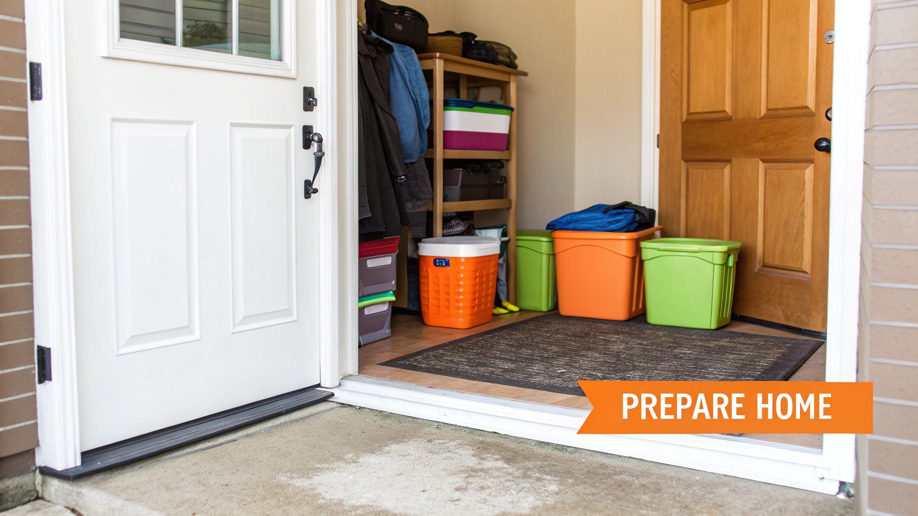 An open white door reveals an organized home entryway with storage bins and a 'Prepare Home' banner.
