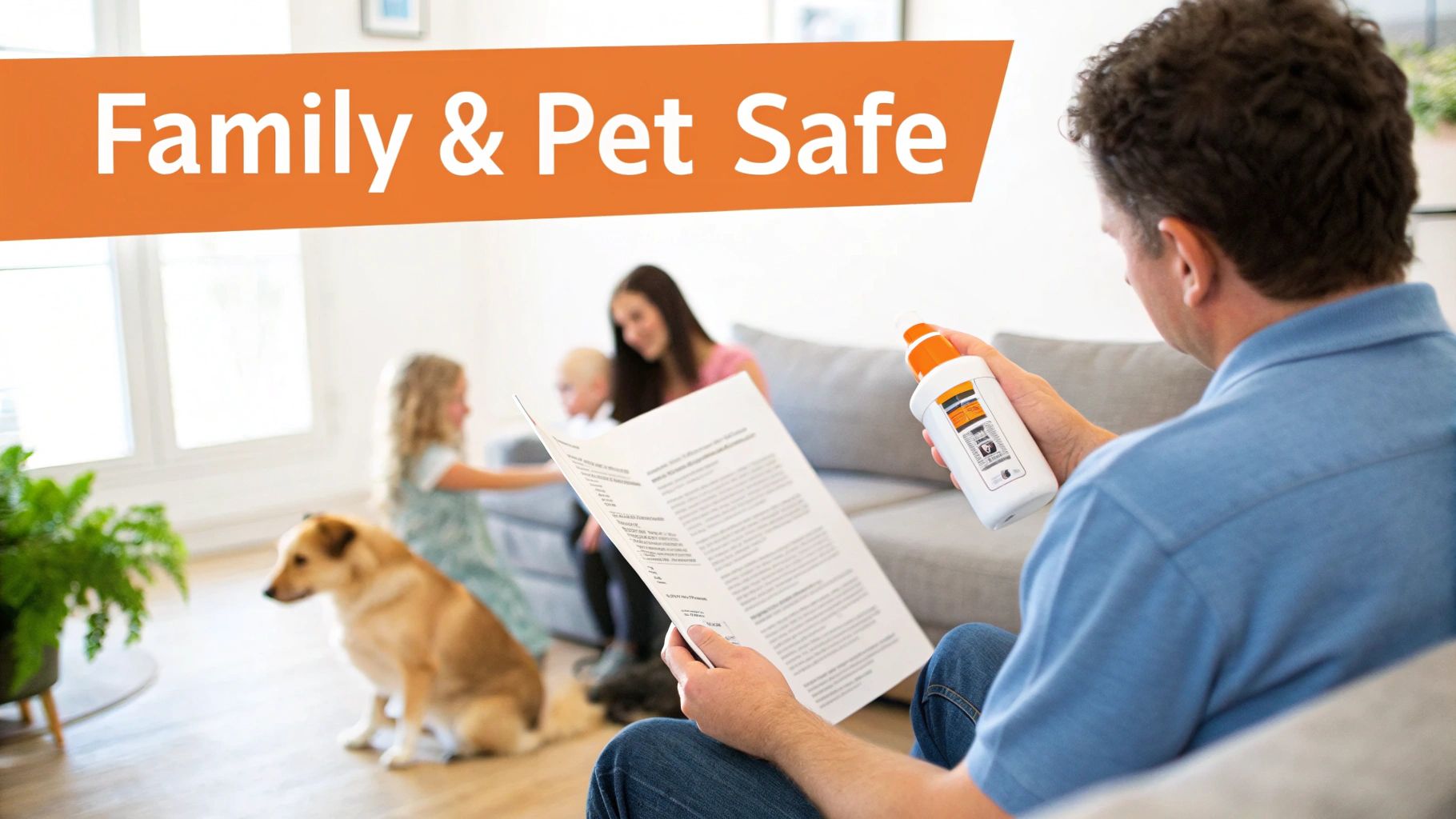 Man reading product instructions labeled 'Family & Pet Safe' with a family and dog nearby.