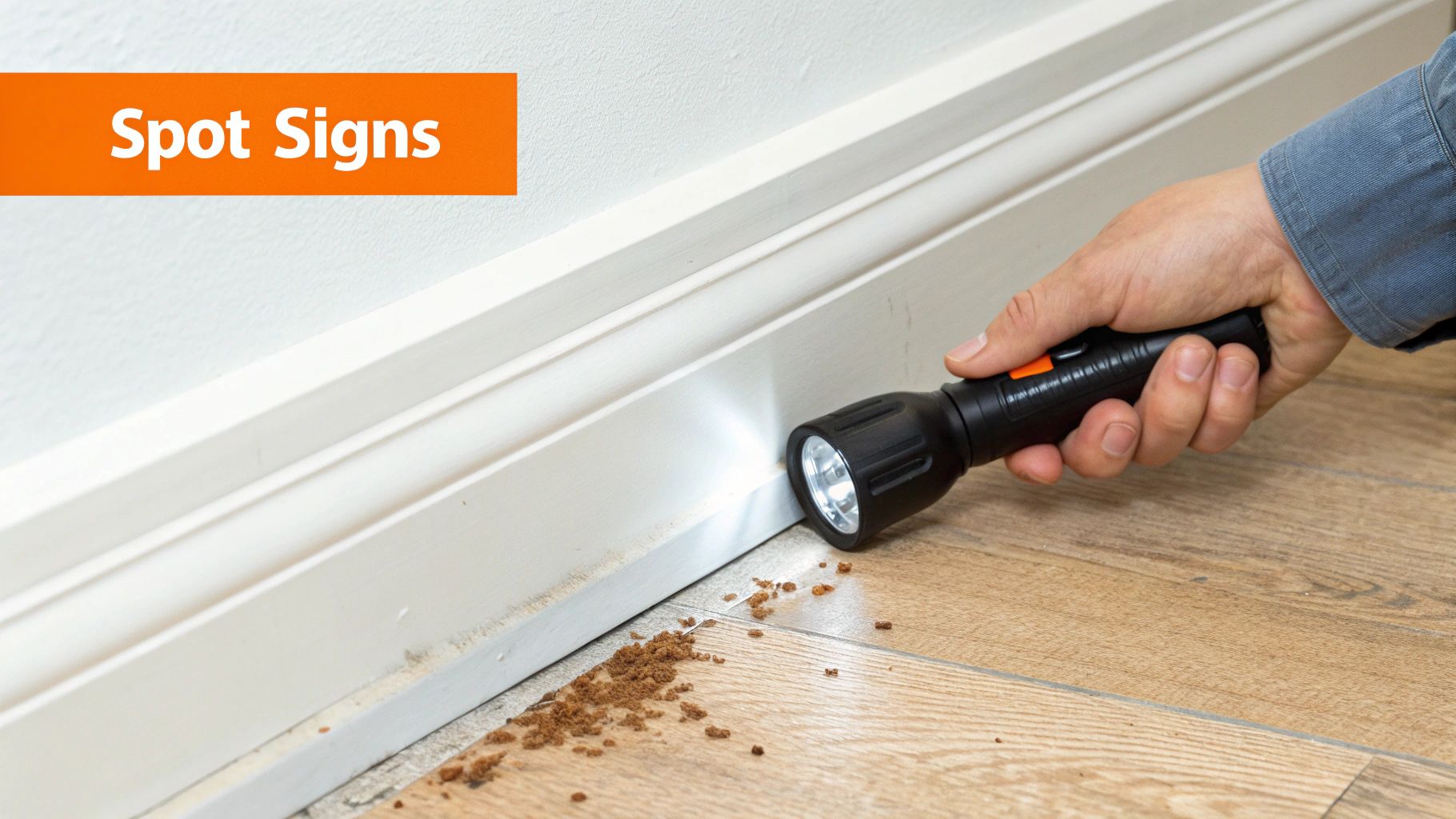 Hand holding a flashlight illuminates brown debris on a wooden floor next to a white baseboard, spotting pest signs.