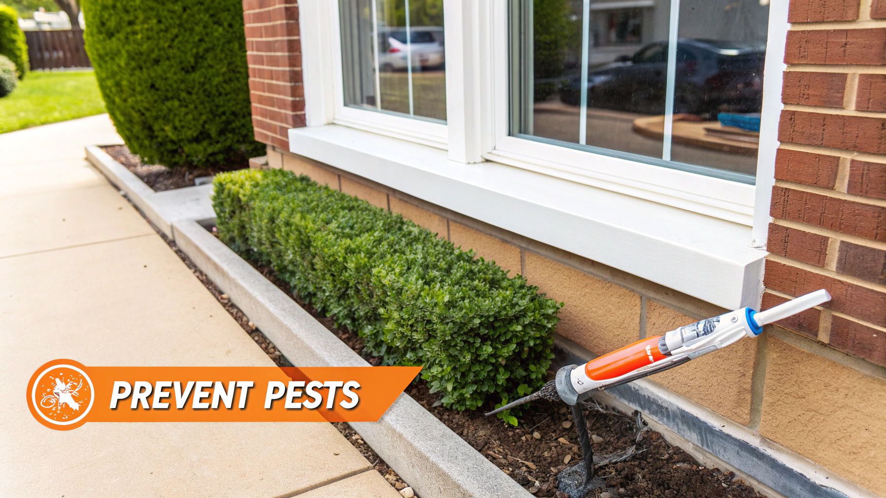 A pest control applicator inserts treatment into soil near a house foundation with green bushes to prevent pests.