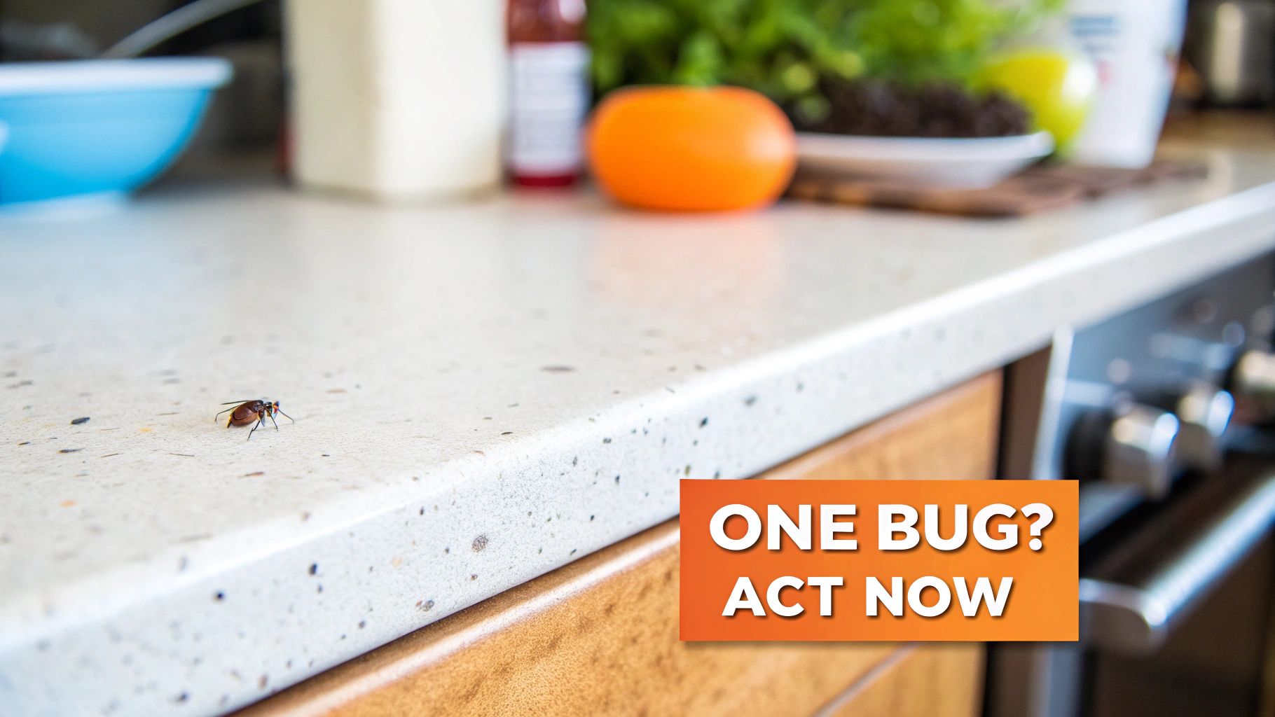 A small brown bug on a clean speckled white kitchen counter with blurred kitchen background.
