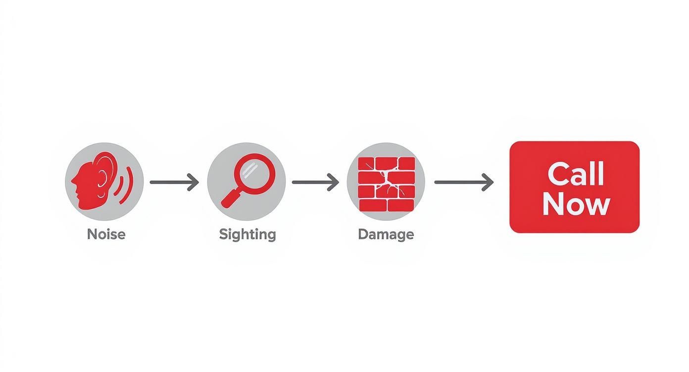 Flowchart showing steps from noise, sighting, and damage, leading to a 'Call Now' button, illustrating a pest detection process.