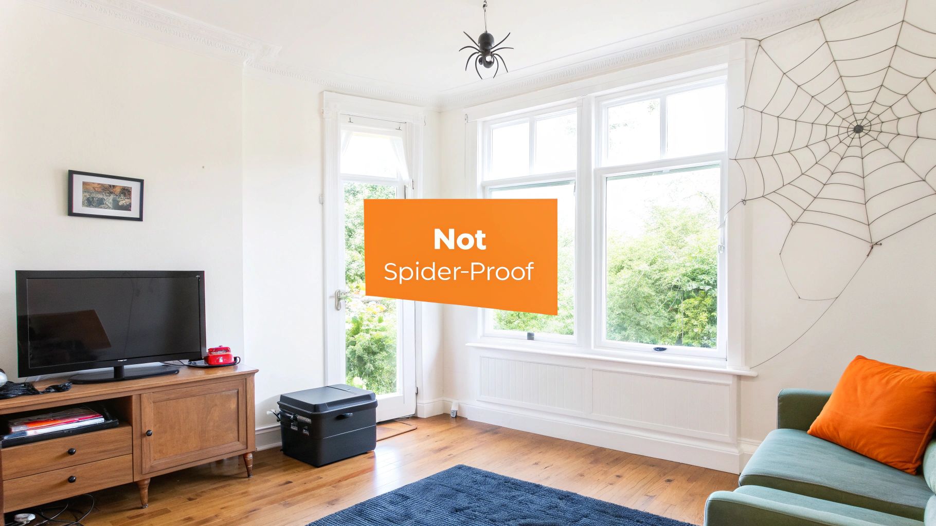 Living room with spider and cobweb showing home not spider-proof with orange warning sign