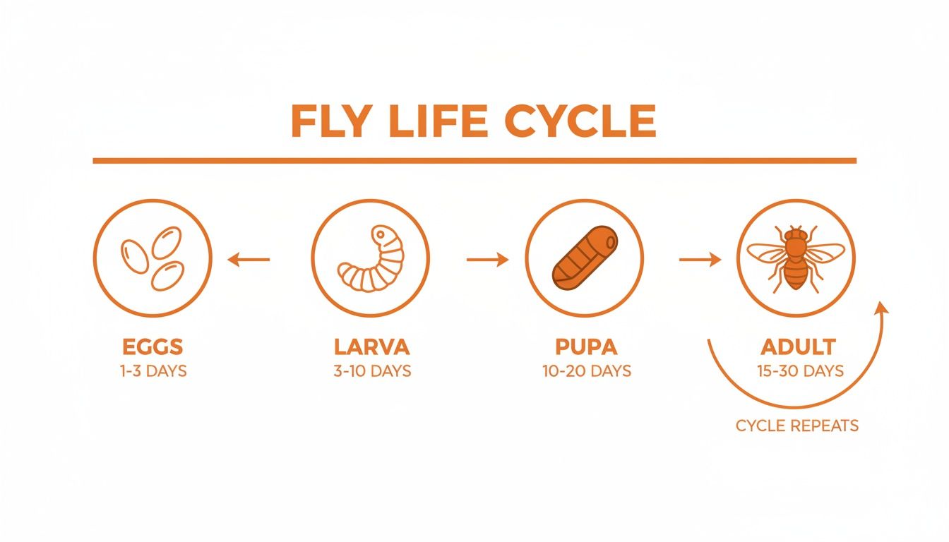 An infographic detailing the four-stage fly life cycle, from eggs to larva, pupa, and adult, with durations.