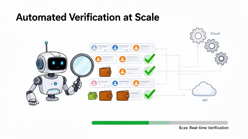 A friendly robot with a magnifying glass performs automated real-time verification of user profiles and wallets at scale.
