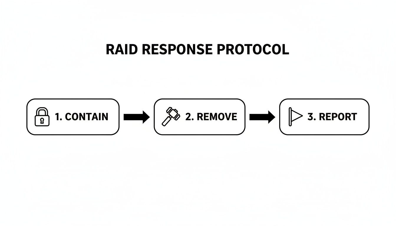 RAID response protocol flowchart showing three steps: 1. Contain, 2. Remove, and 3. Report.
