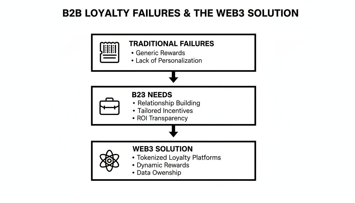 A flowchart illustrating traditional B2B loyalty failures, emerging business needs, and Web3 solutions like tokenized platforms and data ownership.
