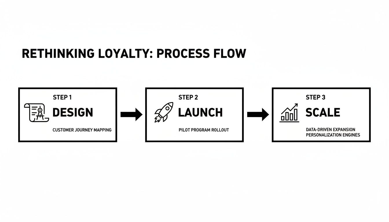 Three-step process flow for loyalty program management: design, launch, and scale with key actions.