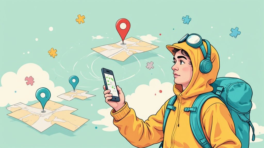 A person's hand holding a smartphone with a map and location pins, interacting with an augmented reality clue for a treasure hunt.