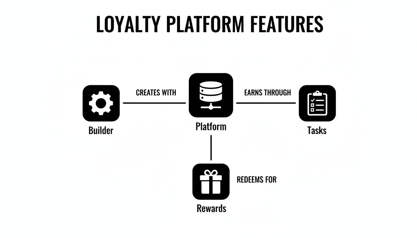 Diagram illustrating loyalty platform features: Builder creates, Platform earns through Tasks, and redeems for Rewards.