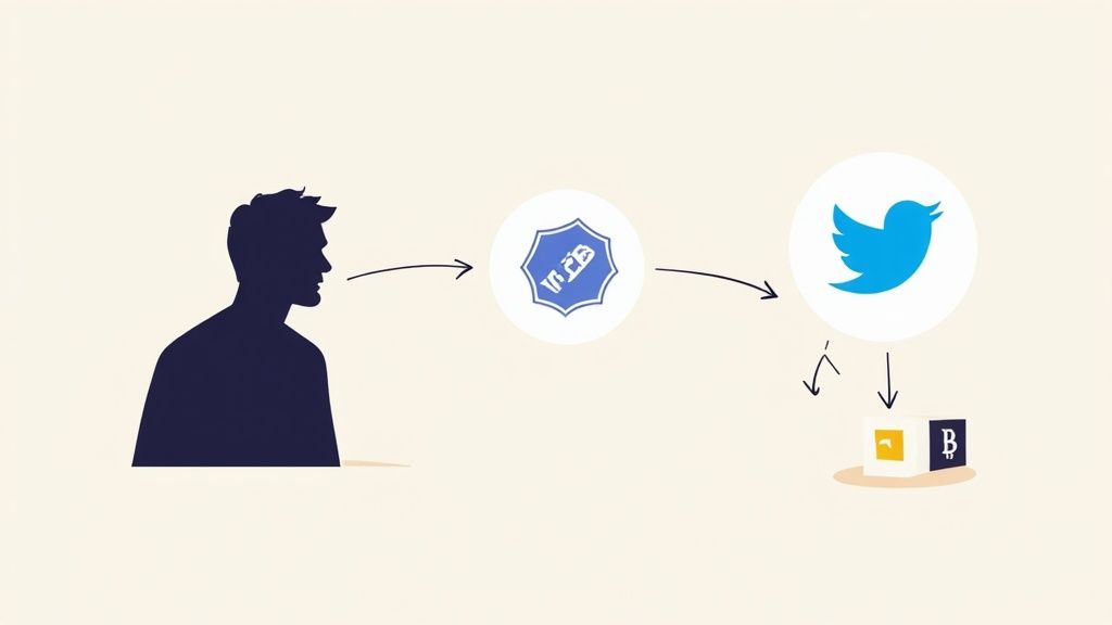 A digital illustration showing a lock and key with social media icons, symbolizing secure verification for Web3 communities.