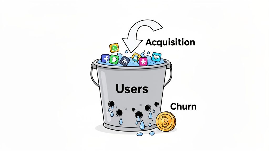 Cartoon showing app user acquisition into a leaky bucket labeled 'Users', with water symbolizing churn.