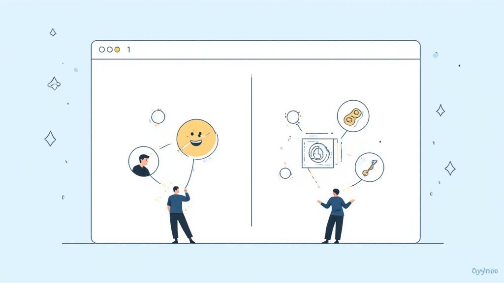 An illustration of two men interacting with interconnected concepts and features within a browser window.