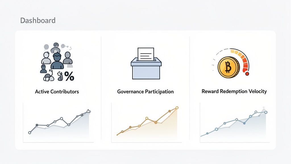 A dashboard displaying key performance indicators for community platforms: active contributors, governance, and reward velocity with graphs.