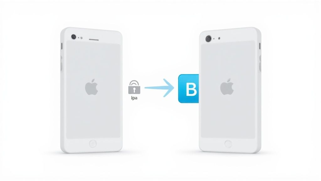 Two white iPhones with a lock icon and 'ipa' transferring to a blue 'B' app.