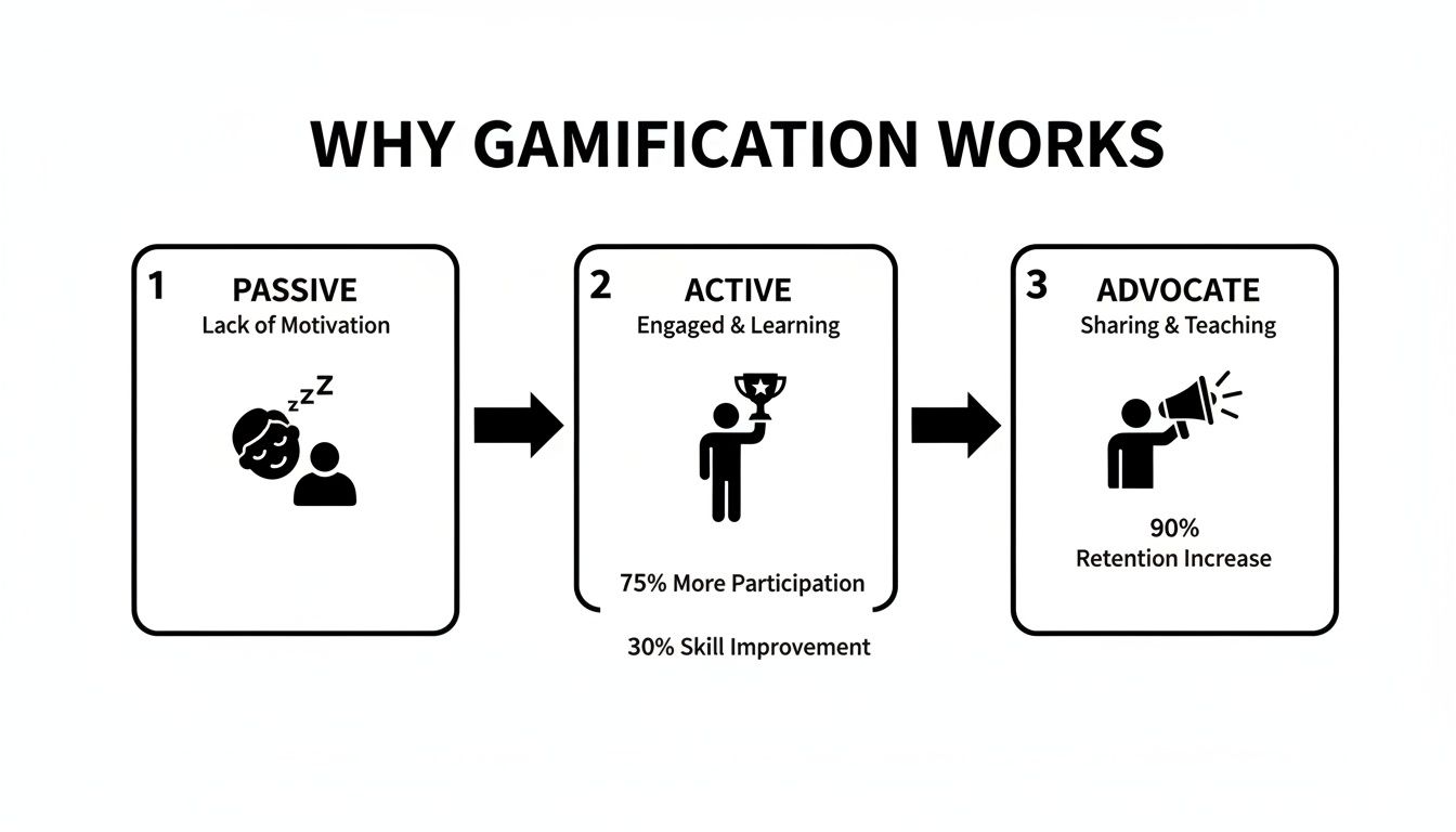 A three-step diagram illustrating why gamification works, showing progression from passive to advocate stages.