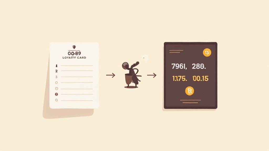 A loyalty card transforms into a digital cryptocurrency balance via a whimsical character, illustrating a points conversion.