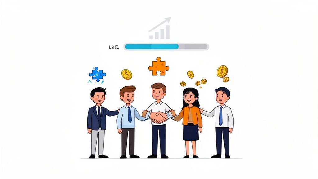 Diverse business team collaborating, shaking hands, with symbols of puzzles, money, and progress.