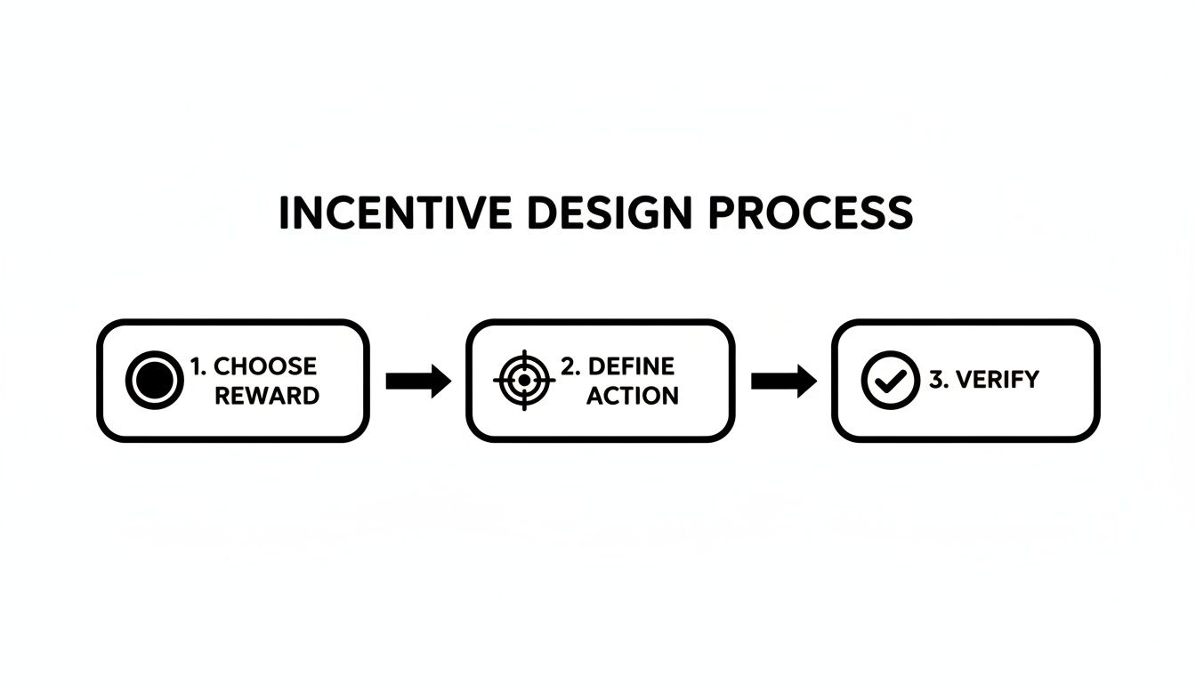 A flowchart illustrates the incentive design process with three steps: Choose Reward, Define Action, Verify.