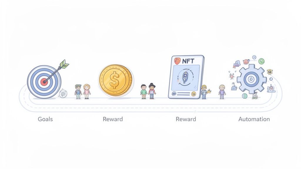 Cartoon illustrating a process: setting goals, earning rewards (coin, NFT), leading to automation.