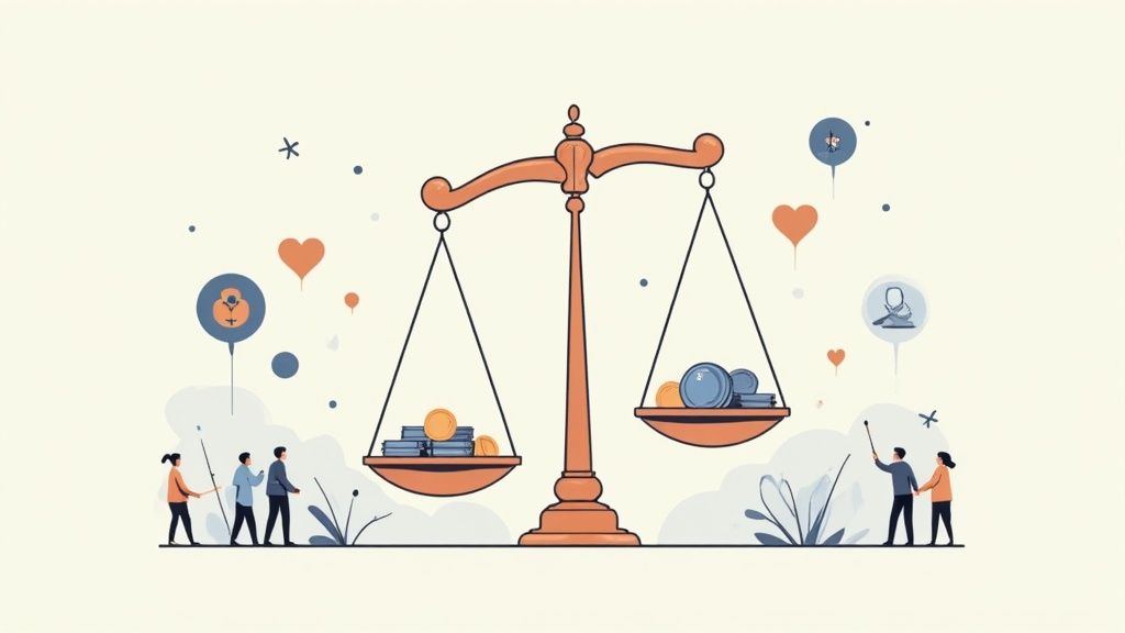 An illustration of a large scale balancing coins on both sides, with people and abstract symbols around.