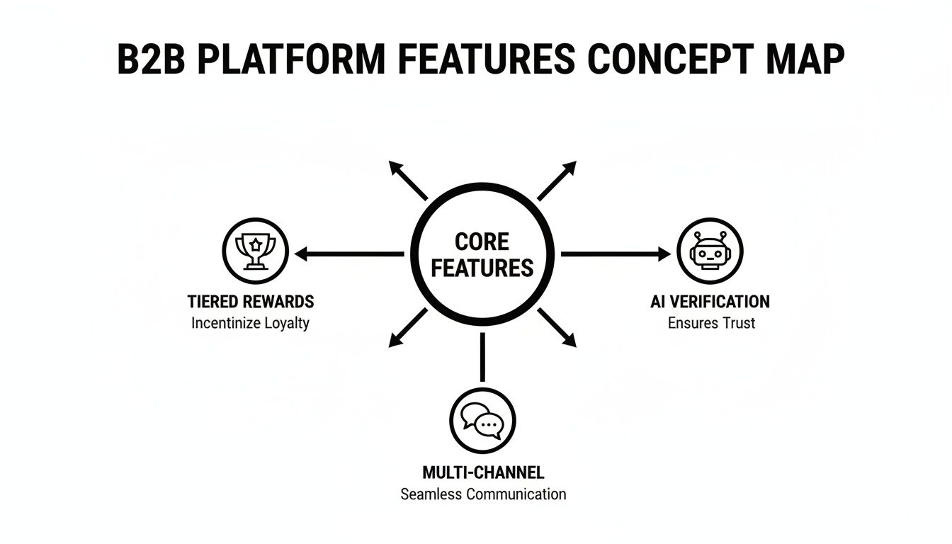 A B2B platform features concept map illustrating core elements: tiered rewards, AI verification, and multi-channel communication.