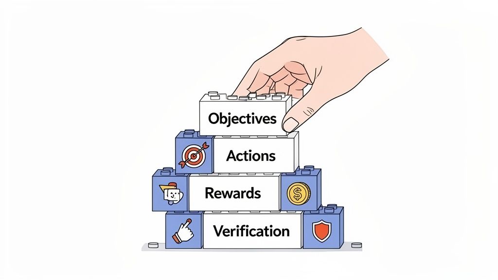 Hand placing an 'Objectives' block, building a system of actions, rewards, and verification.