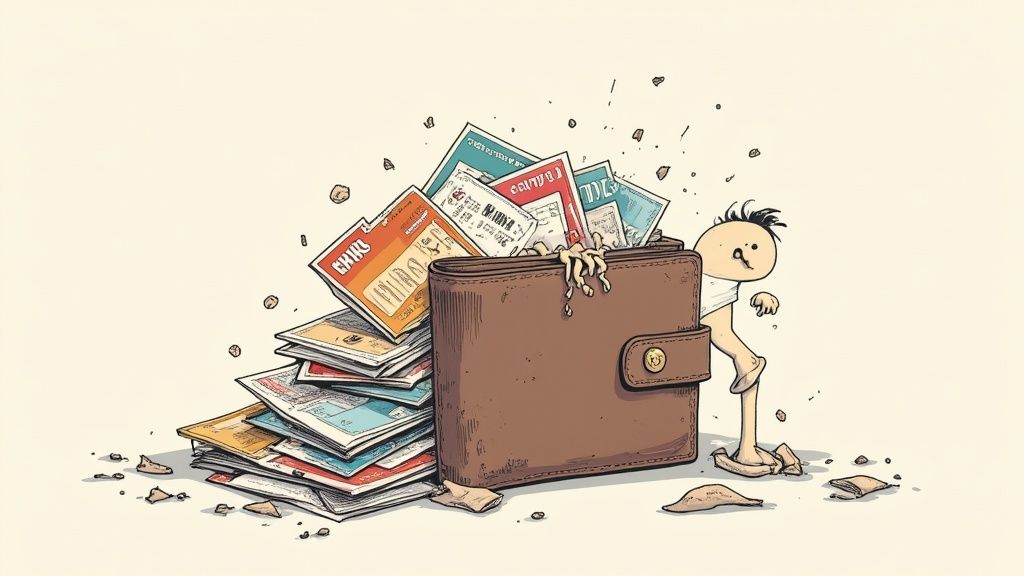 An excessively full brown wallet bursting with receipts and papers, next to a small cartoon figure peeking.