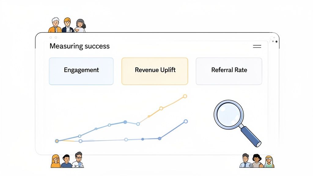 Measuring business success dashboard displaying engagement, revenue uplift, and referral rate metrics with graphs.
